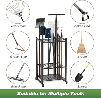 Tool Organizer for Garden, Garage Tool Organizer & Garage Organization – Heavy Duty Steel Garden Tool Organizer Stand Holds 35 Tools/Rakes/Brooms, Tool Storage Rack for Shed/Outdoor, Garage Organizer