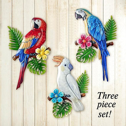 Limygus 3 Pcs Tropical Vivid Parrots on Branch Metal Wall Art, Indoor Outdoor Hanging Decor for Garden Fence Patio Courtyard