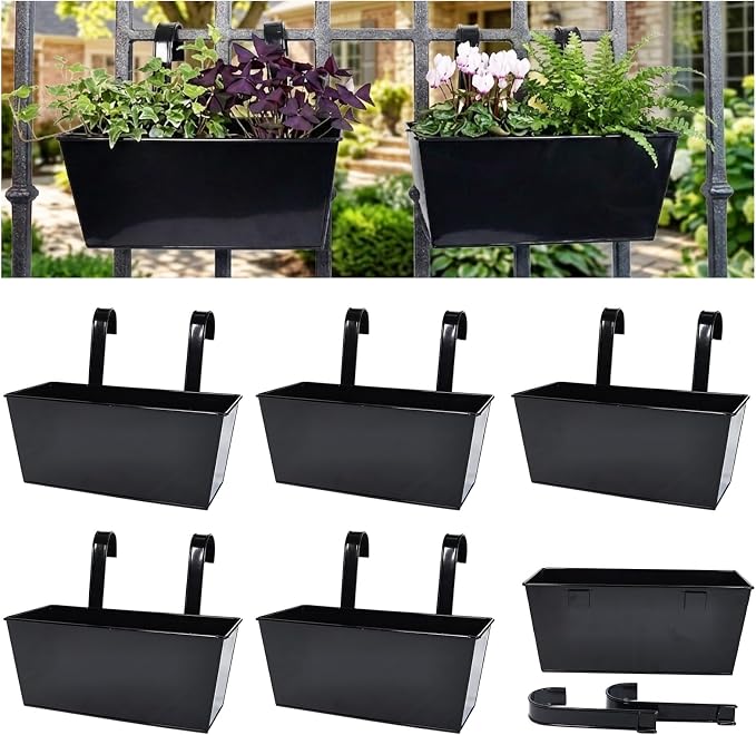 12" Balcony Railing Planters, Outdoor Hanging Planter for Fence, Stylish Metal Porch Deck Flower Pot for Herbs & Succulents (Rectangular-Black, Pack of 6)
