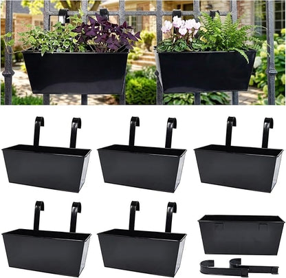 12" Balcony Railing Planters, Outdoor Hanging Planter for Fence, Stylish Metal Porch Deck Flower Pot for Herbs & Succulents (Rectangular-Black, Pack of 6)