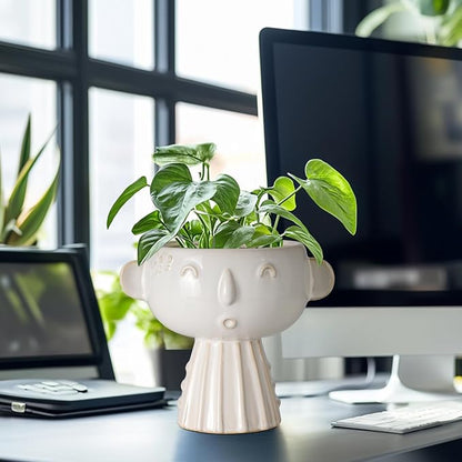 Face Planter Pot 7 Inch - Cute Ceramic Flower Head Planter for Indoor Outdoor Succulent Pot with Drainage Hole Flower Pot Present for Mother Christmas White