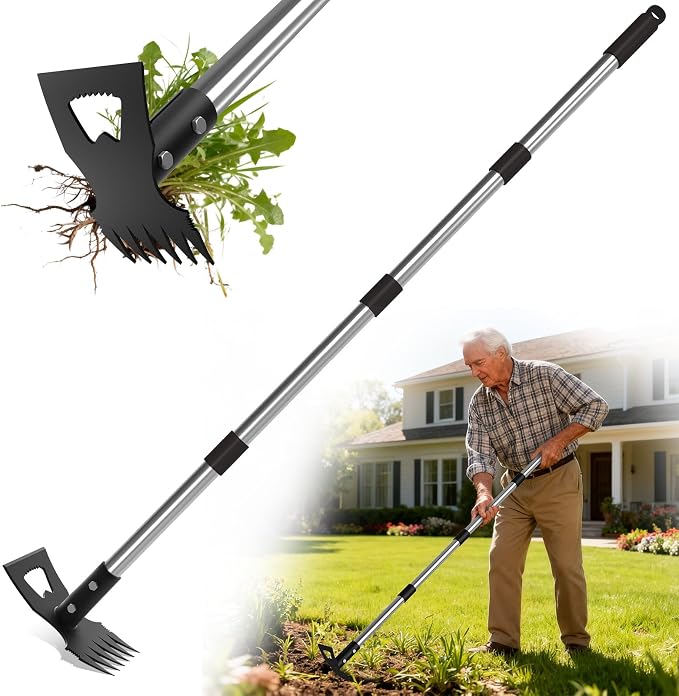 Weed Puller Tool with Long Handle, Stand Up Weeder with 63" Telescoping Handle, 2-in-1 Manual Weeder Remover & Garden Hoe, 6 Sharp Tines for Crack Weeding and Root Removal