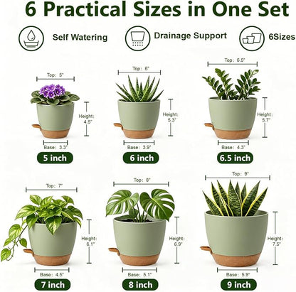 Plant Pots for Indoor 9/8/7/6.5/6/5 Inch, Self Watering Planter Pots with Drainage Holes and Saucers, 6Pcs Plastic Flower Pots for Indoor & Outdoor Plants（Green）