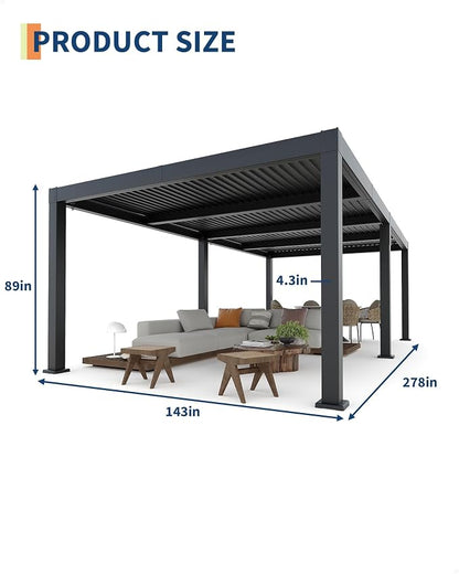 Garveelife All-Aluminum Louvered Pergola 12 ft x 24 ft, Outdoor Pergola with Adjustable Louvered Roof, Reinforced Aluminum Frame, Integrated Drainage System, Hardtop Gazebo for Patio, Deck, Gray