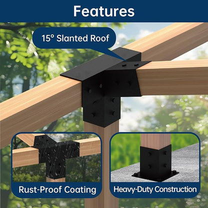 Pergola Bracket Kit 4x4, Including 1 Wall Base, 1 105 ° 4-Way and 1 Bases, 1 Set of Wall Mounted 15° Pitched Roof Mounting Kit for Extension, for Shading Facilities Attached to Walls or Eaves