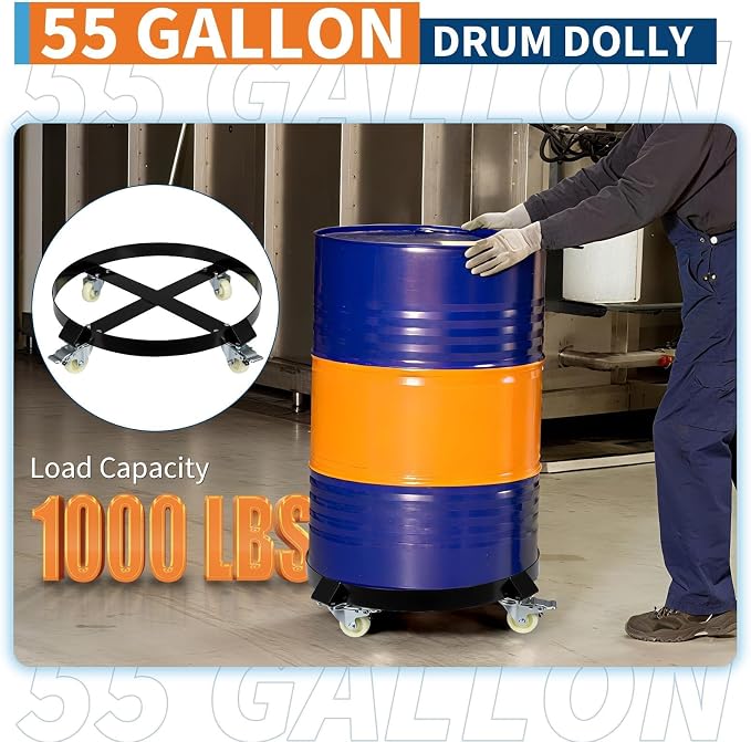 55-Gallon Drum Dolly, Heavy Duty 1000Lbs Load Capacity,Barrel Dolly Cart with Cross Braces & Swivel Casters Wheel,Steel Fram,Non Tipping Design,Barrel Cart with Brake for Warehouse Drum Handling