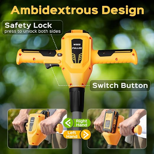 Weed Puller Tool, 21V Powerful Electric Weeder Tool with 2.0Ah Battery and Charger, Garden Tools Weed Remover Tool with 3-Claw Steel Head for Smooth Weeding, Ideal Gifts for Men Women Mom Dad, Yellow