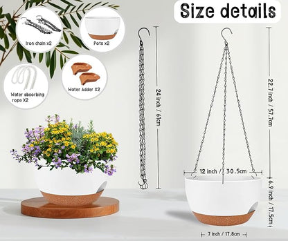12" Self Watering Hanging Planters with Chains, White Brown, 2 Pack | 43 Oz removable self-watering reservoir, for indoor/outdoor plants, patio & garden