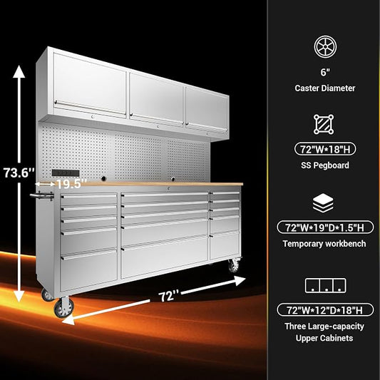 CHETTO C 72-inch Rolling Tool Chest Cabinet Mobile Workbench with 15 Storage Drawers and Wheels 3 Upper Cabinet Outlet SS Pegboard Stainless Steel Tool Box for Garage Warehouse