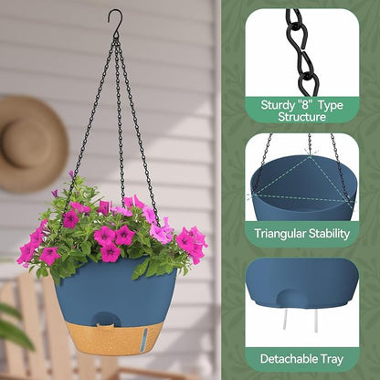 ZMTECH 12 Inch Large Self Watering Hanging Planters for Indoor Outdoor Plants - Water Level Indicator & Removable 60 Oz Reservoir, 1 Pack Plastic Hanging Basket for Window Porch Garden Balcony, Blue