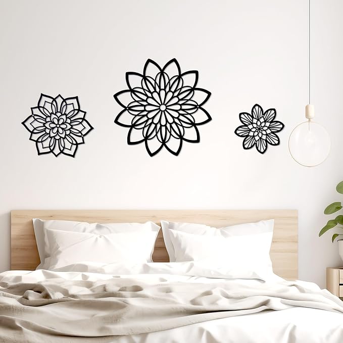 Zzbakress 3 Pieces Metal Flowers Wall Decor, Black Wall Decors, Flower Art Wall Decor Farmhouse Wall Decoration Multiple Flowers Hanging Decor for Bathroom Living Room Garden Office (Black Elegant)