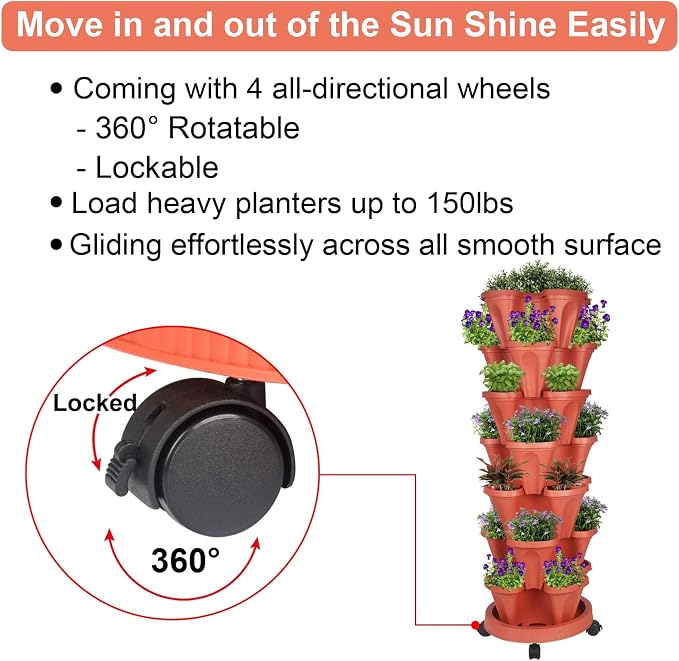 GameXcel Vertical Planter Tower - 7 Tier Stackable Garden Planters with Wheels and Tools Plant Pots for Strawberry Herb Flower and Vegetable Indoor Outdoor Use Red