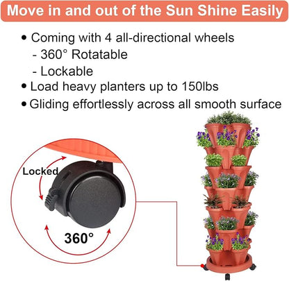 GameXcel Vertical Planter Tower - 7 Tier Stackable Garden Planters with Wheels and Tools Plant Pots for Strawberry Herb Flower and Vegetable Indoor Outdoor Use Red