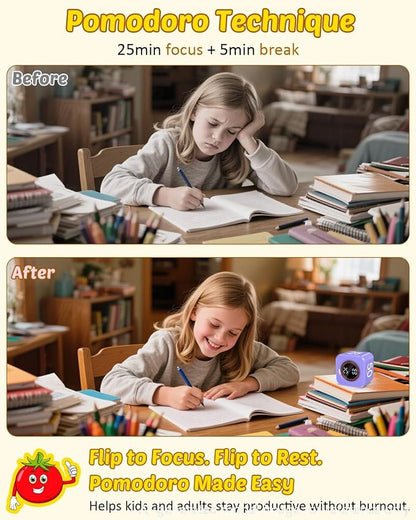 Digital Pomodoro Timer Cube 5/10/25/50min, Visual Productivity Flip Timer for Kids Classroom Desk, Custom Countdown, Silent and Sound Mode for ADHD Study Work Game Kitchen (Purple)