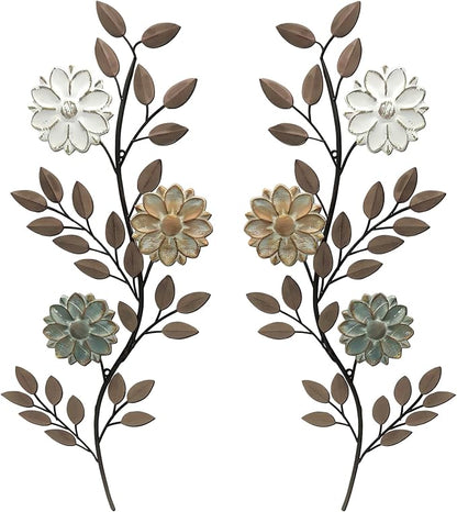 MorningRo 2 Pcs Metal Flower Leaves Wall Art Spring Wall Decor Living Room, 15.75 Inch Vintage Rustic Branch Leaf Wrought Iron Scroll Art Decor for Summer Bedroom Indoor Outdoor Decorations(Brown)
