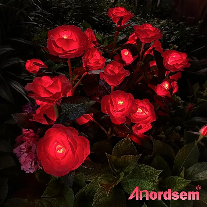 Anordsem Solar Garden Lights Outdoor: 10 Waterproof Fabric Roses 2 Pack - Red LED Flower Decorations for Yard Patio Path Cemetery Grave - Mother 's Day Gift for Her Women Mom Wife