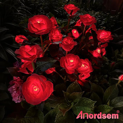 Anordsem Solar Garden Lights Outdoor: 10 Waterproof Fabric Roses 2 Pack - Red LED Flower Decorations for Yard Patio Path Cemetery Grave - Mother 's Day Gift for Her Women Mom Wife