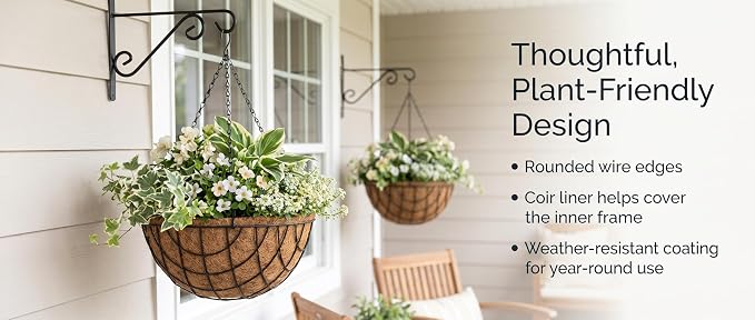 Kingbuy 12 Inch Metal Hanging Planter Basket 2 Pack - with Coconut Fiber Liners, Rustproof 3-Chain System, Quick Drainage for Indoor/Outdoor Window Balcony Patio, Weather-Resistant Coating