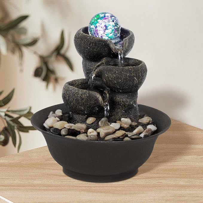 Ferrisland Indoor Tabletop Water Fountain, Desktop & Table Waterfall Fountains, Relaxation Fengshui Home Decor with LED Light for Home Office Bedroom House Warming Gift Idea (Three Stairs)