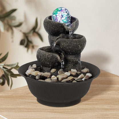 Ferrisland Indoor Tabletop Water Fountain, Desktop & Table Waterfall Fountains, Relaxation Fengshui Home Decor with LED Light for Home Office Bedroom House Warming Gift Idea (Three Stairs)