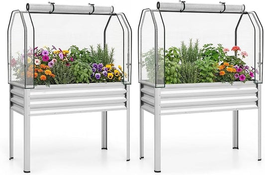 Giantex Raised Garden Bed with Legs & Greenhouse Cover, 44x22x60 Elevated Metal Planter Box with Roll-up Door, Outdoor Mini Greenhouse for Vegetable Flower Herb Patio Balcony (Silver,2)