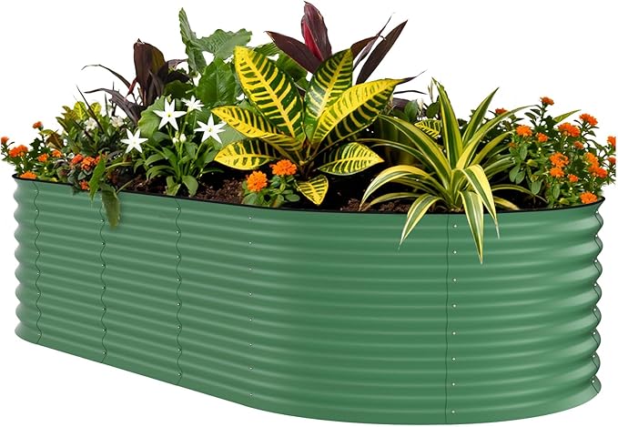 Garvee 10x4x1.5ft Galvanized Raised Garden Bed, Oval Metal Planter Box with Anti-Cut Safety Edges, 449 Gallons Rust-Resistant Deep Root Planter for Outdoor Vegetables, Flowers, Herbs, Green