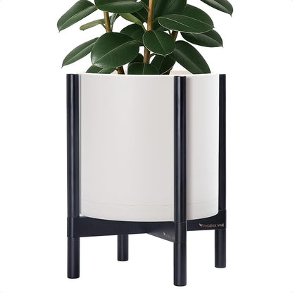 D'vine Dev Plastic Pot with Ebony Wood Stand, Oatmeal, 14 in, 55-C-T-4 | Mid-Century Inspired Design, Elevated Plant Display, Clean Lines, Sturdy Support, Modern Space-Saving Style