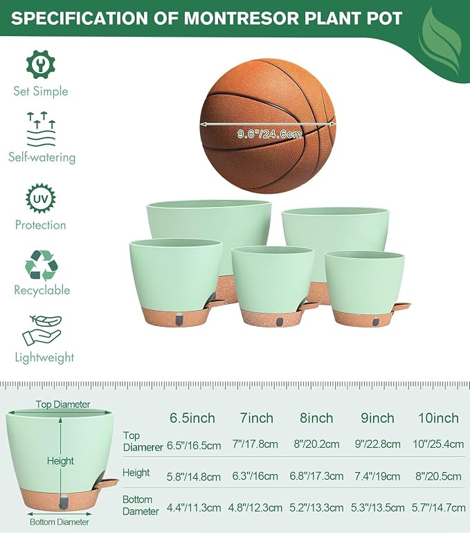 5-Pack Self Watering Pots for Indoor Plants, 10/9/8/7/6.5Inch PP Plastic Monstera Pot & Pothos Planter with Water Level Indicator, Spider Plant Pots Indoor, Self Watering Planters for Plants, Green