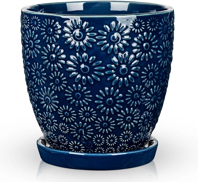 Hollyone 6 Inch Blue Ceramic Planter Flower Plant Pot with Drainage Hole and Saucer for Plants Embossed Indoor Outdoor Garden Embossed Ceramic Glazed Round Pot for Succulent Orchid Sunshine Pattern