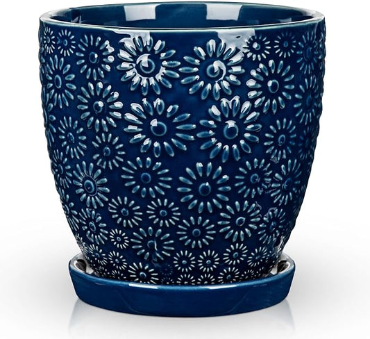 Hollyone 6 Inch Blue Ceramic Planter Flower Plant Pot with Drainage Hole and Saucer for Plants Embossed Indoor Outdoor Garden Embossed Ceramic Glazed Round Pot for Succulent Orchid Sunshine Pattern