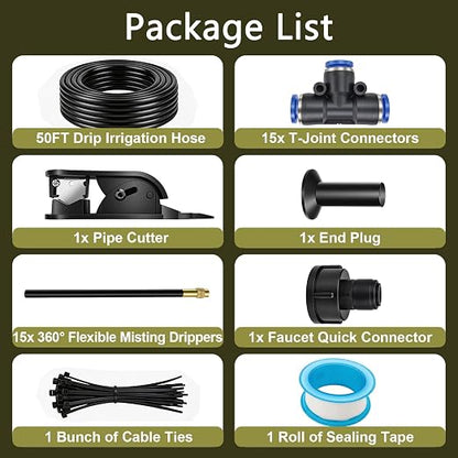 50FT Drip Irrigation Kit for Garden Beds, Greenhouse & Potted Plants – Adjustable Micro Watering System with 1/4" Distribution Tubing, Emitters, Connectors & Stakes
