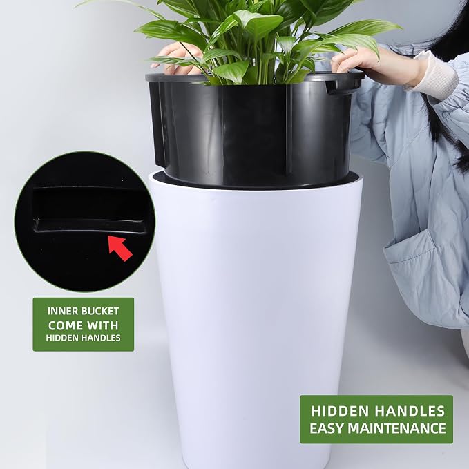 Dexceder 16x12 Self Watering Tall Planter (White Matte) | High Cylinder, Thickened Large Floor Standing Flower Plant Pot with Water Level Indicator Indoor Outdoor