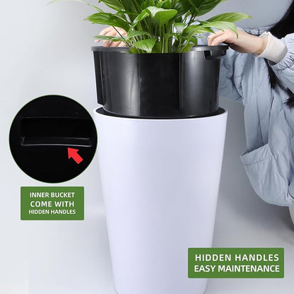 Dexceder 16x12 Self Watering Tall Planter (White Matte) | High Cylinder, Thickened Large Floor Standing Flower Plant Pot with Water Level Indicator Indoor Outdoor
