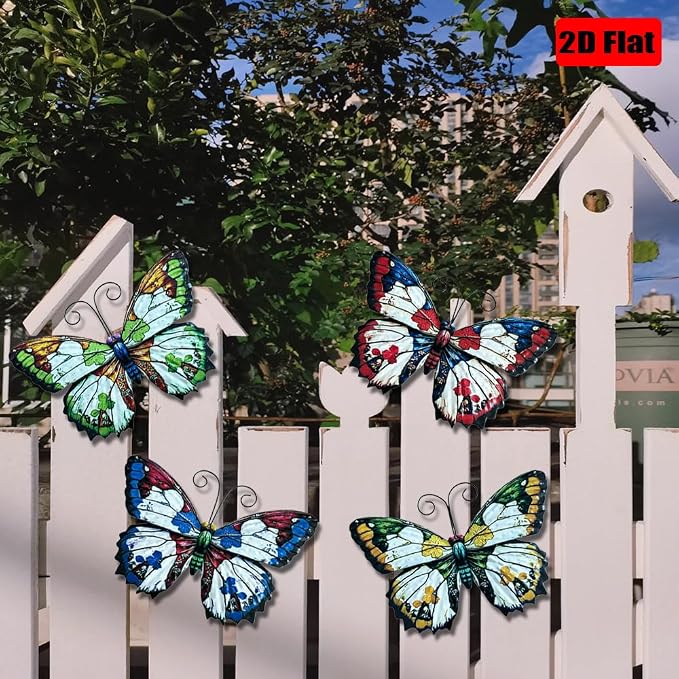 LWINGFLYER 4 Pcs Vintage Metal Wall Decor Butterfly & Flower - Rustic Farmhouse Metal Wall Art for Indoor Bathroom & Outdoor Fence Decoration (Butterflies)