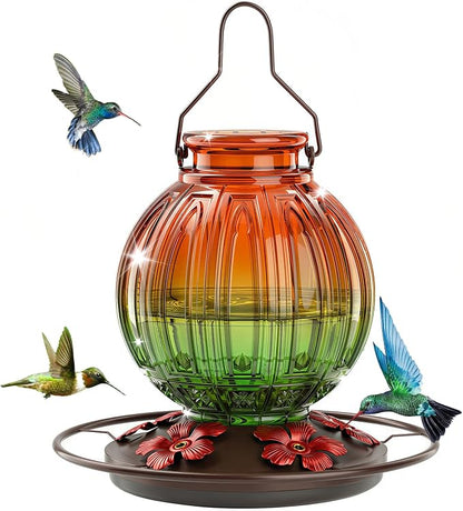 Glass Hummingbird Feeder for Outdoors Hanging, 26Oz Bird Nectar Feeder with Perch & 5 Flower Feeding Ports, Leak Proof for Outside Garden Decor Backyard, Gifts for Women Mom, Orange & Green
