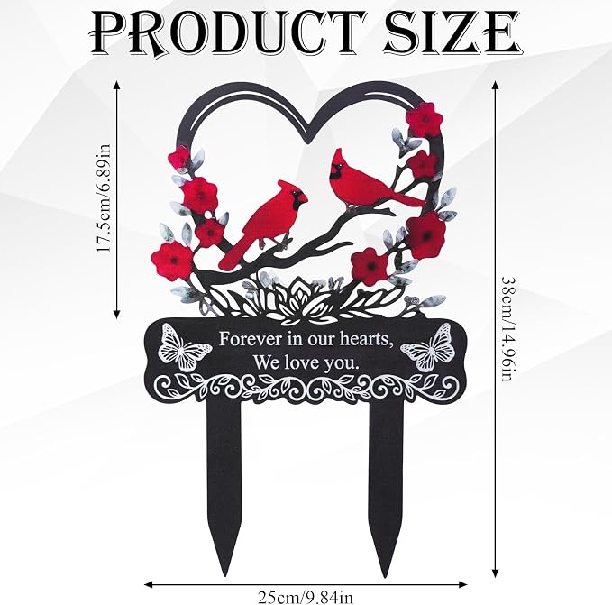 Red Cardinals Cemetery Decorations for Grave, Forever in Our Hearts We Miss You Metal Grave Marker for Outdoors Yard Garden Sympathy Decor, Memorial Plaque Stake for Remembrance Son Mom Dad