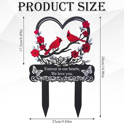 Red Cardinals Cemetery Decorations for Grave, Forever in Our Hearts We Miss You Metal Grave Marker for Outdoors Yard Garden Sympathy Decor, Memorial Plaque Stake for Remembrance Son Mom Dad