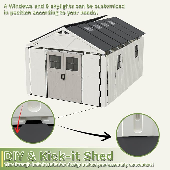 Greesum 10×14FT Plastic Outdoor Storage Shed with Floor and Lockable Door, Resin Sheds with 6-Windows and Multiple Skylights, HDPE Kick-it Shed for Garden, Patio, Backyard, Beige