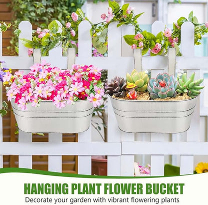 OBTANIM 4 Pack Metal Hanging Flower Pots Iron Railing Planter Outdoor Fence Hanging Pots Bucket Plant Holder with Detachable Hooks Drain Holes for Home Garden Yard Decor (White)