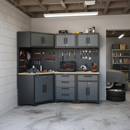Garage Storage Cabinet System 8-Pcs Garage Cabinets and Storage System Corner Workshop Set with Corner Cabinet, Cabinet Drawers, Workbench, Pegboard for Tool Organization, Black and Grey