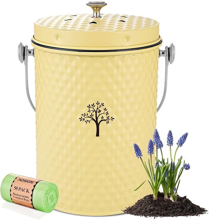 AOSION Countertop Kitchen Odorless Compost Bin with Removable Inner Bucket | 1 Gallon Composter Container,Includes 50 Compost Bags,2 Carbon Filters,Compost Bucket, ideal for food scraps,coffee grounds