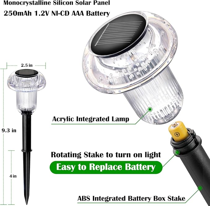 Priddop Pathway Solar Lights Outdoor Waterproof 6000K Cold White LED 8 Pack | Mushroom Yard Garden Decorative Driveway Walkway Outside Patio Replaceable Battery Acrylic ABS Stake Landscape Path Lights