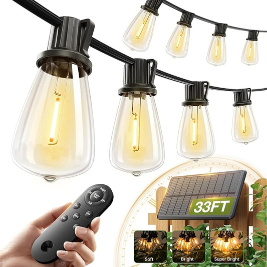 addlon 33(27+6) FT Solar String Lights Waterproof,Patio Light Solar Powered with Remote& USB Port 9+1 LED Shatterproof Bulbs 3 Lighting Modes Outdoor for Camping Backyard Garden
