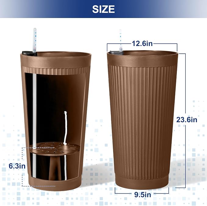 FENCY Self Watering Tall Planters Set of 2, Brown Round | 24 Inch, with Water Level Indicator& Spacious Reservoir, Plastic Tapered Pots, Weather-Resistant, Front Door Decor