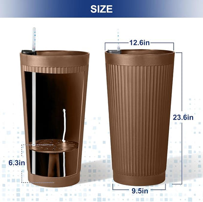 FENCY Self Watering Tall Planters Set of 2, Brown Round | 24 Inch, with Water Level Indicator& Spacious Reservoir, Plastic Tapered Pots, Weather-Resistant, Front Door Decor