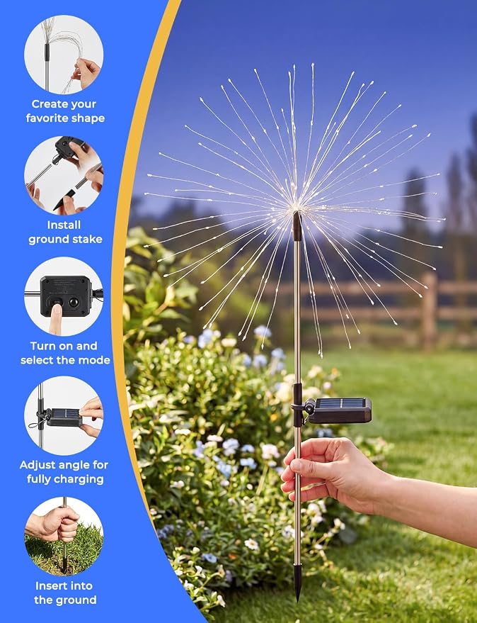 Multicolor Solar Lights Outdoor, 2 Pack 180LED Solar Garden Lights for outside, 8 Modes Firework Fairy light for Yard Pathway 4th of July Carnival Juneteenth Christmas Decor, Red/Yellow/Blue/Green
