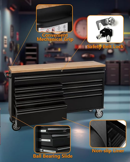 61-Inch Heavy-Duty Rolling Tool Chest & Mobile Workbench with 9 Drawers, Steel Storage Cabinet with Rubber Wood Top, Key Lock, Drawer Liners and Wheels for Garage, Workshop, Black