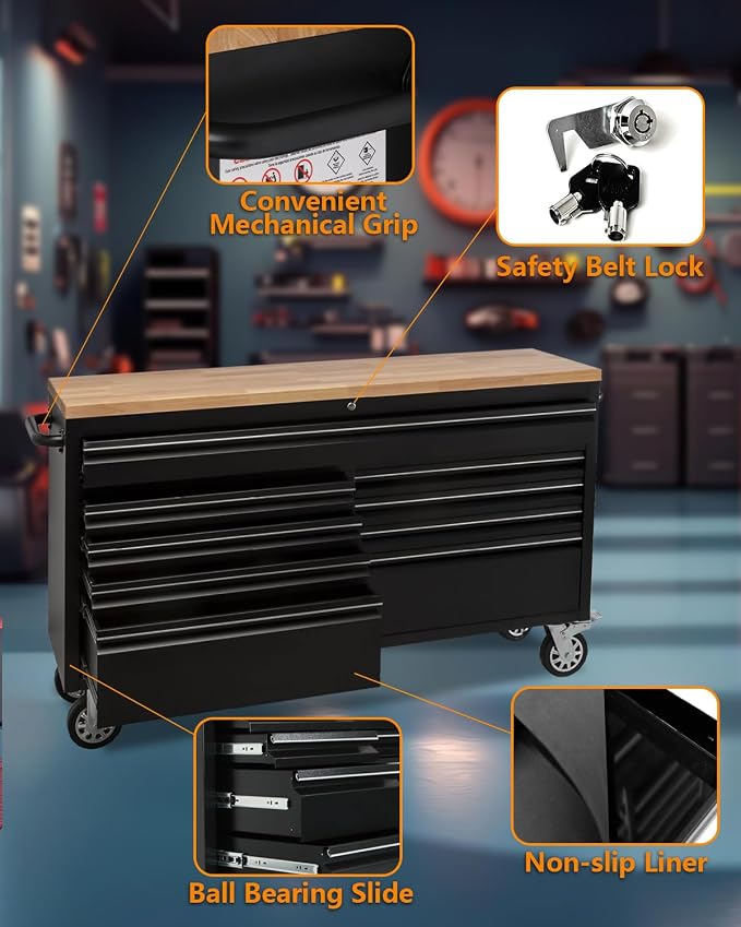61-Inch Heavy-Duty Rolling Tool Chest & Mobile Workbench with 9 Drawers, Rubber Wood Top, Locking System, Wheels for Garage, Workshop, Warehouse Storage, Tool Cabinet