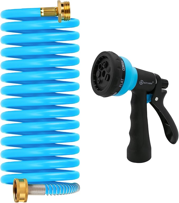AUTOMAN Coil Garden Hose 15 ft, EVA Curly Water Hose with Brass Connectors, Recoil Garden Water Hose,Includes 7-Pattern Function Sprayer,Retractable,Corrosion Resistant Garden Coil Hose.