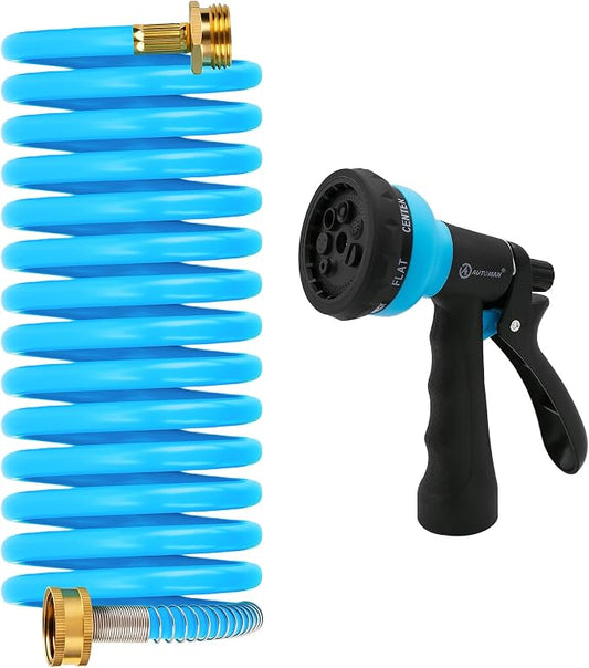 AUTOMAN Coil Garden Hose 15 ft, EVA Curly Water Hose with Brass Connectors, Recoil Garden Water Hose,Includes 7-Pattern Function Sprayer,Retractable,Corrosion Resistant Garden Coil Hose.